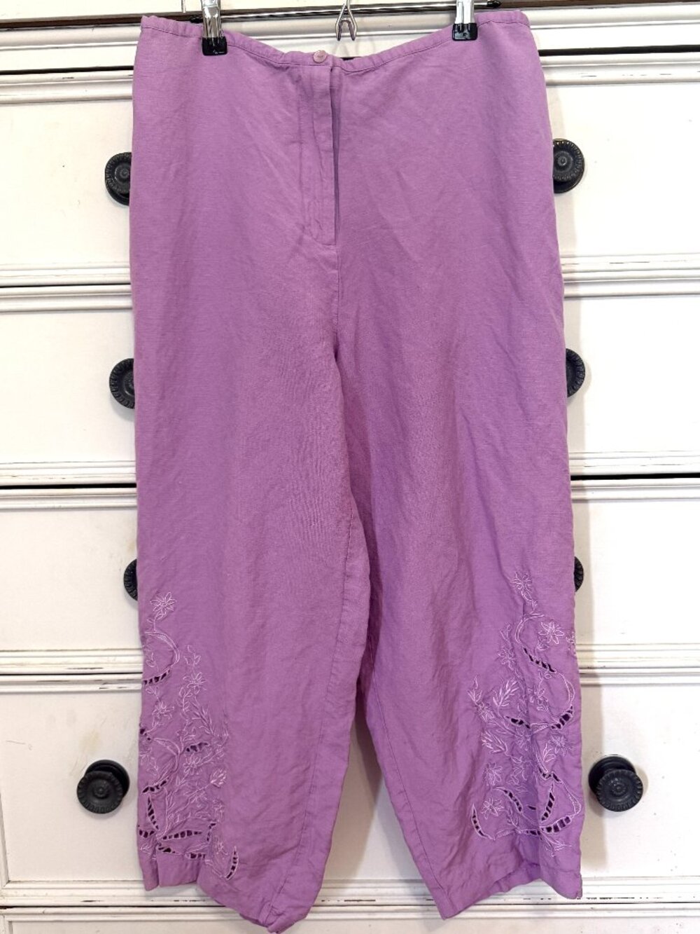 Susan Graver Linen Blend‎ Lavender Embroidered cropped pants size large